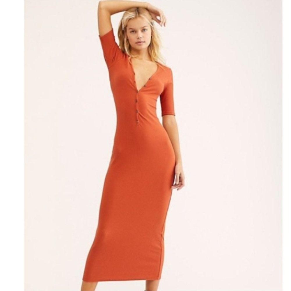 Free People Rust Orange Midi Bodycon Dress
